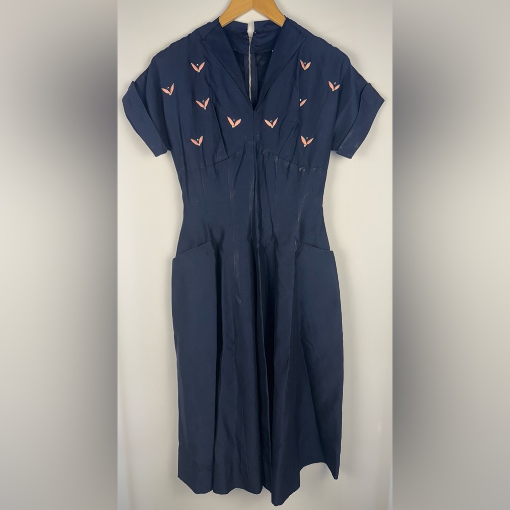 Vintage Authentic 40’s/50’s Navy Blue Swing Dress with Pink Accents